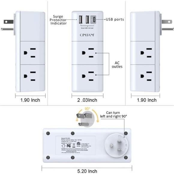 USB Outlet Extender Surge Protector - QINLIANF Multi Plug Outlet with Rotating - Picture 7 of 8